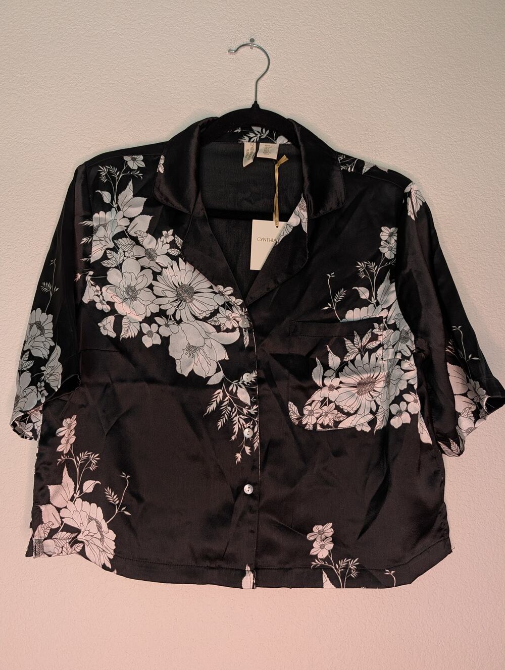 Cynthia Rowley Sleepwear NWT Black White Floral Satin Sleep Top S Cozy Coquette